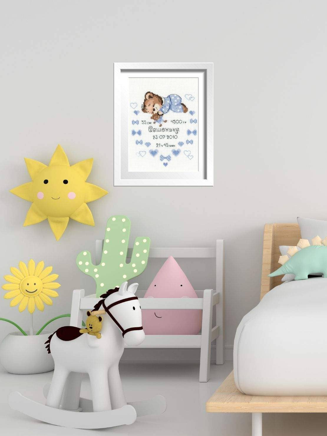 Kit de punto de cruz RIOLIS “Anuncio Nacimiento Niño” con osito azul dormido y corazones, personalizable con nombre y datos del nacimiento.