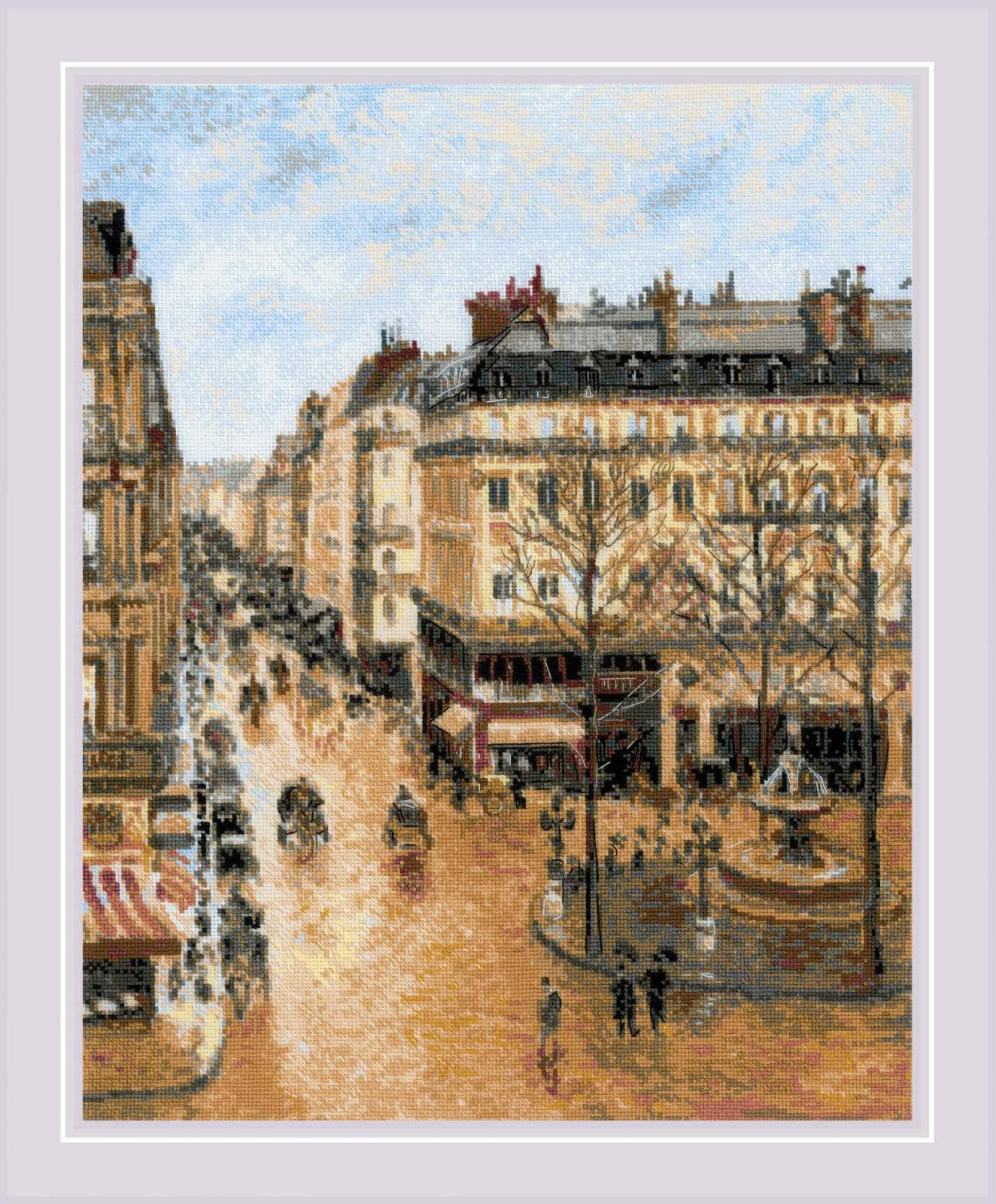 Kit de punto de cruz RIOLIS “Calle Saint-Honoré Pissarro” con calle y plaza francesa, fuente central y carruajes tirados por caballos, estilo principios del siglo XX.