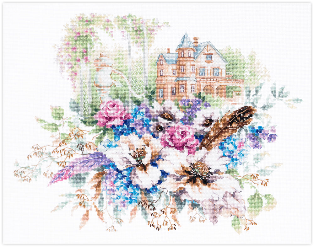 Bordado en punto de cruz de casa victoriana con ramo de flores lilas de Magic Needle