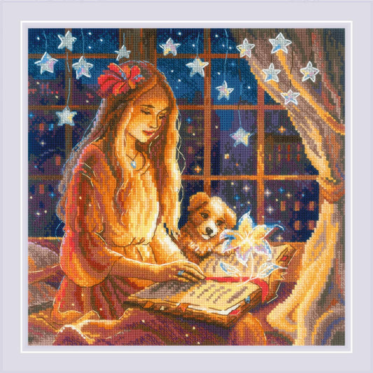 Kit de punto de cruz Riolis Libro Mágico, diseño de mujer leyendo de noche acompañada de su perro con luces brillantes sobre el libro, incluye tela Aida, hilos y aguja.