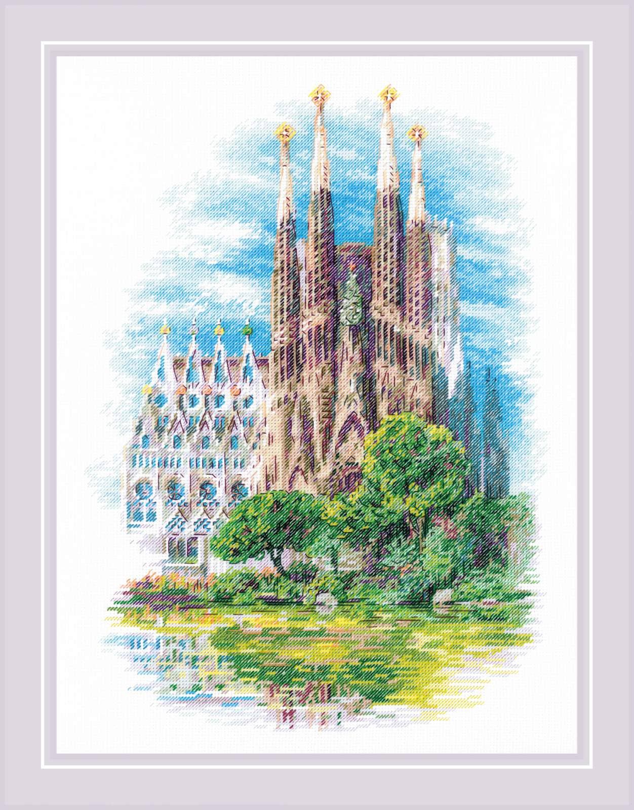 Kit de punto de cruz RIOLIS “Sagrada Familia” con vista detallada de la basílica de Gaudí y el parque frontal, diseño arquitectónico y paisajístico.