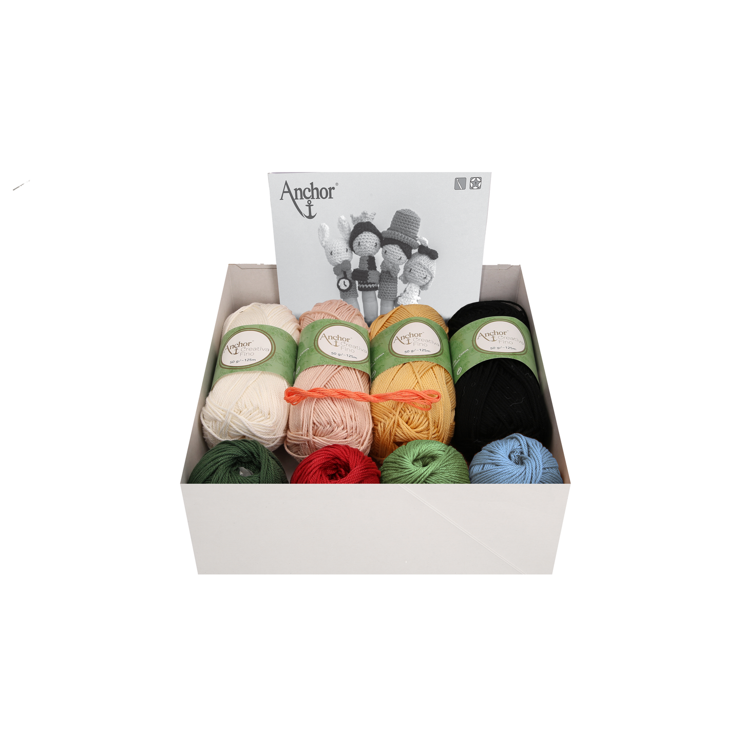Caja con ovillos del Kit de crochet para crear 4 marionetas de dedo de los personajes de "Alicia en el País de las Maravillas" de Anchor