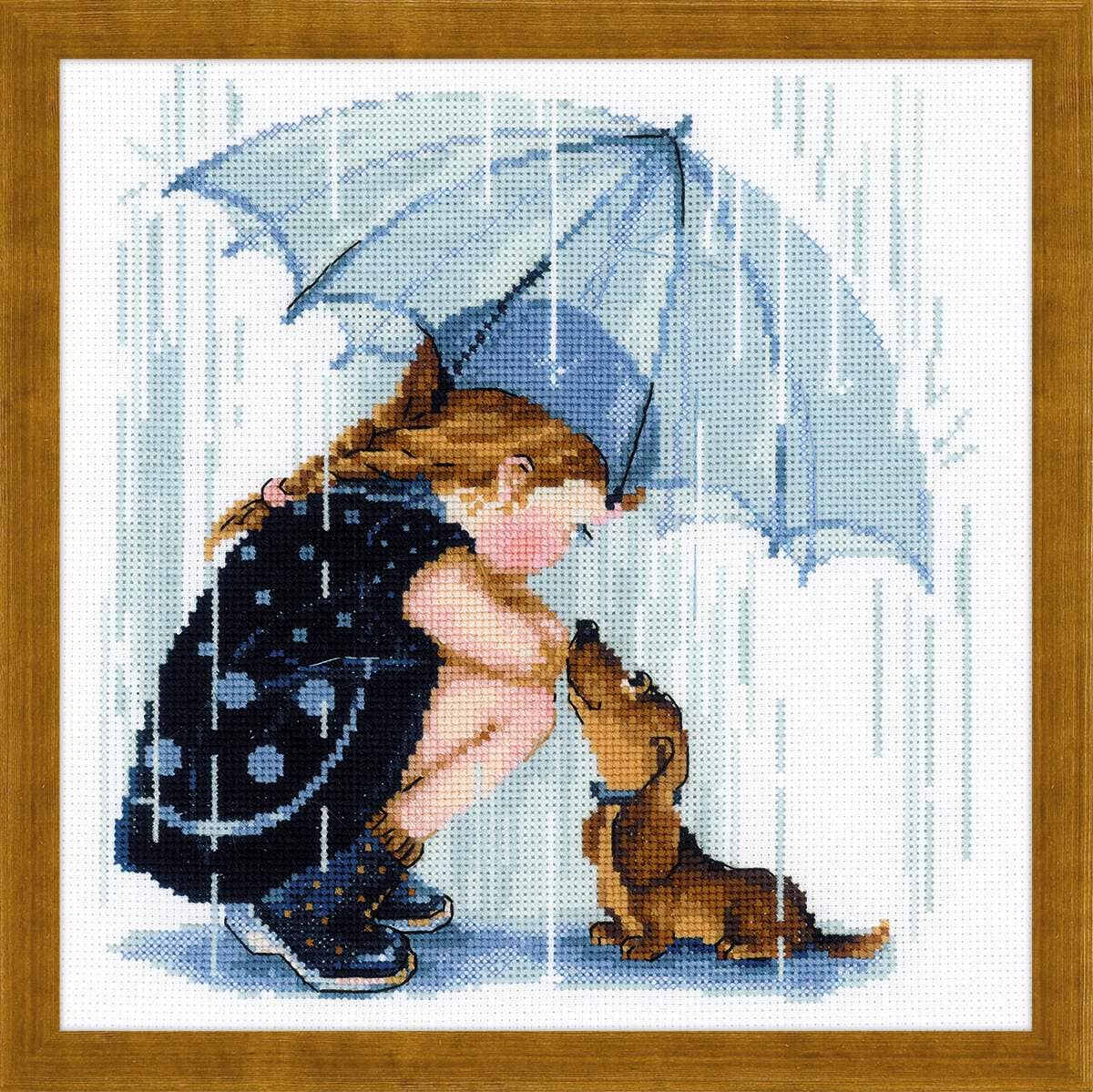 Kit de punto de cruz Riolis Bajo Mi Paraguas, diseño de niña con paraguas protegiendo a su perro salchicha bajo la lluvia, incluye tela Aida, hilos de algodón y aguja.
