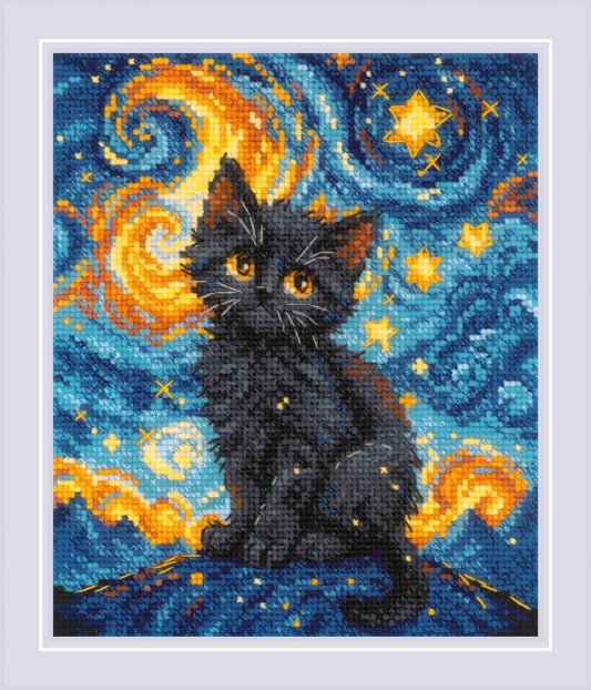 Kit de punto de cruz “Gato Estrellado” de RIOLIS con diseño inspirado en Van Gogh. Incluye tela Aida Zweigart 14 ct, hilos de lana/acrílico, aguja y gráfico a color. Perfecto para amantes de los gatos y del arte.