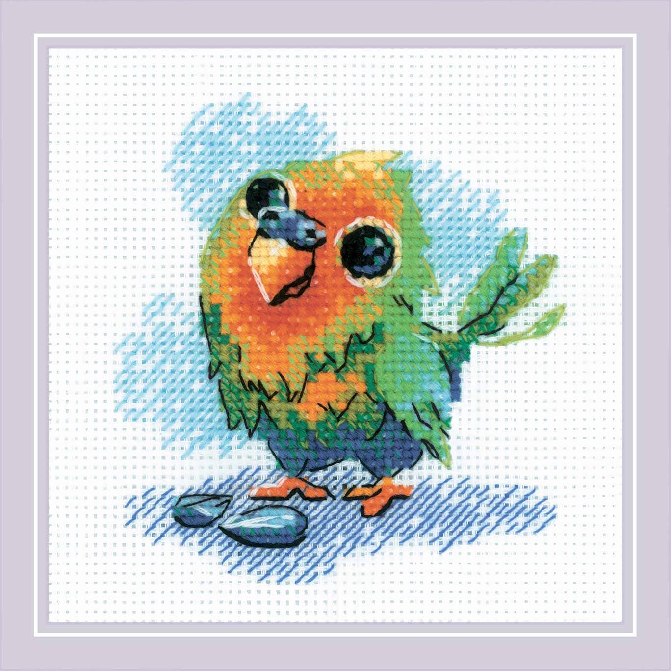 Kit de punto de cruz Riolis Pequeño Loro, diseño infantil de lorito colorido, incluye tela Aida, hilos de algodón y aguja, ideal como primer proyecto para niños.