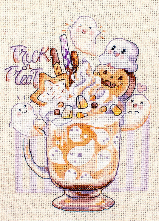 Bordado en punto de cruz de halloween de batido de nata y calabaza con fantasmas de Letistitch L8810