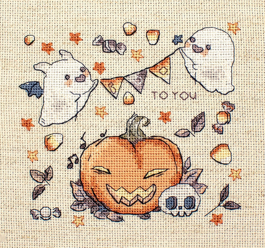 Bordado en punto de cruz halloween, dos fantasmas y calabaza Letistitch L8814