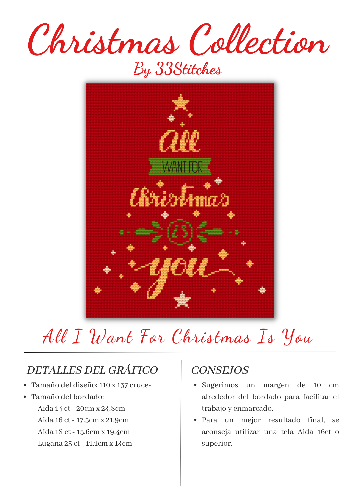 Información gráfico punto de cruz 33Stitches all i want for christmas is you