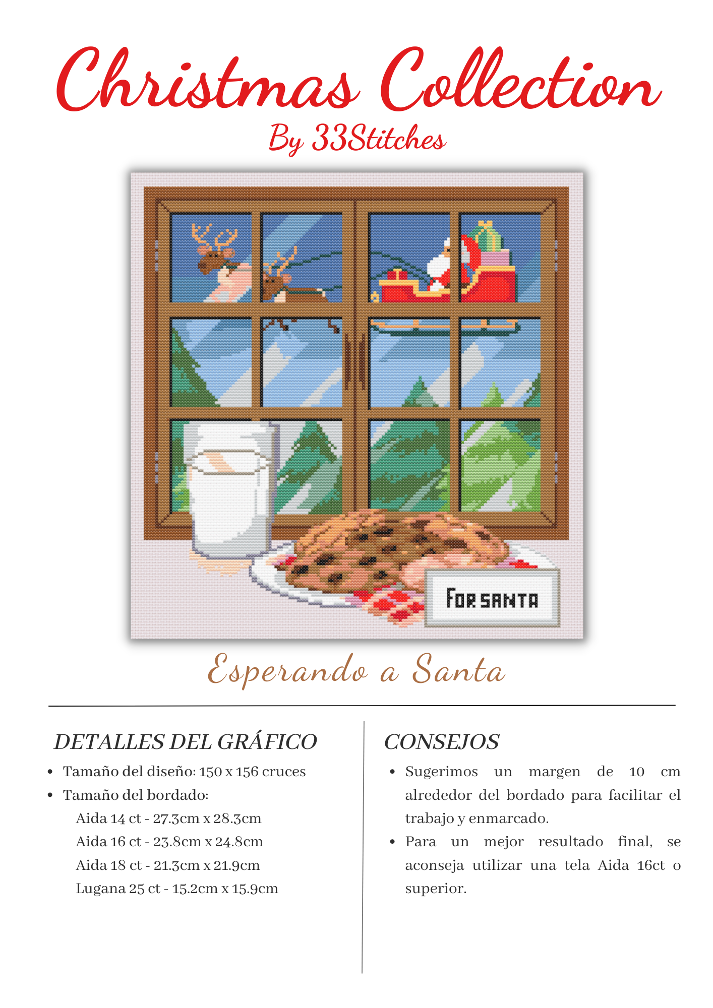 Bordado en punto de cruz galletas, vaso de leche y santa en su trineo