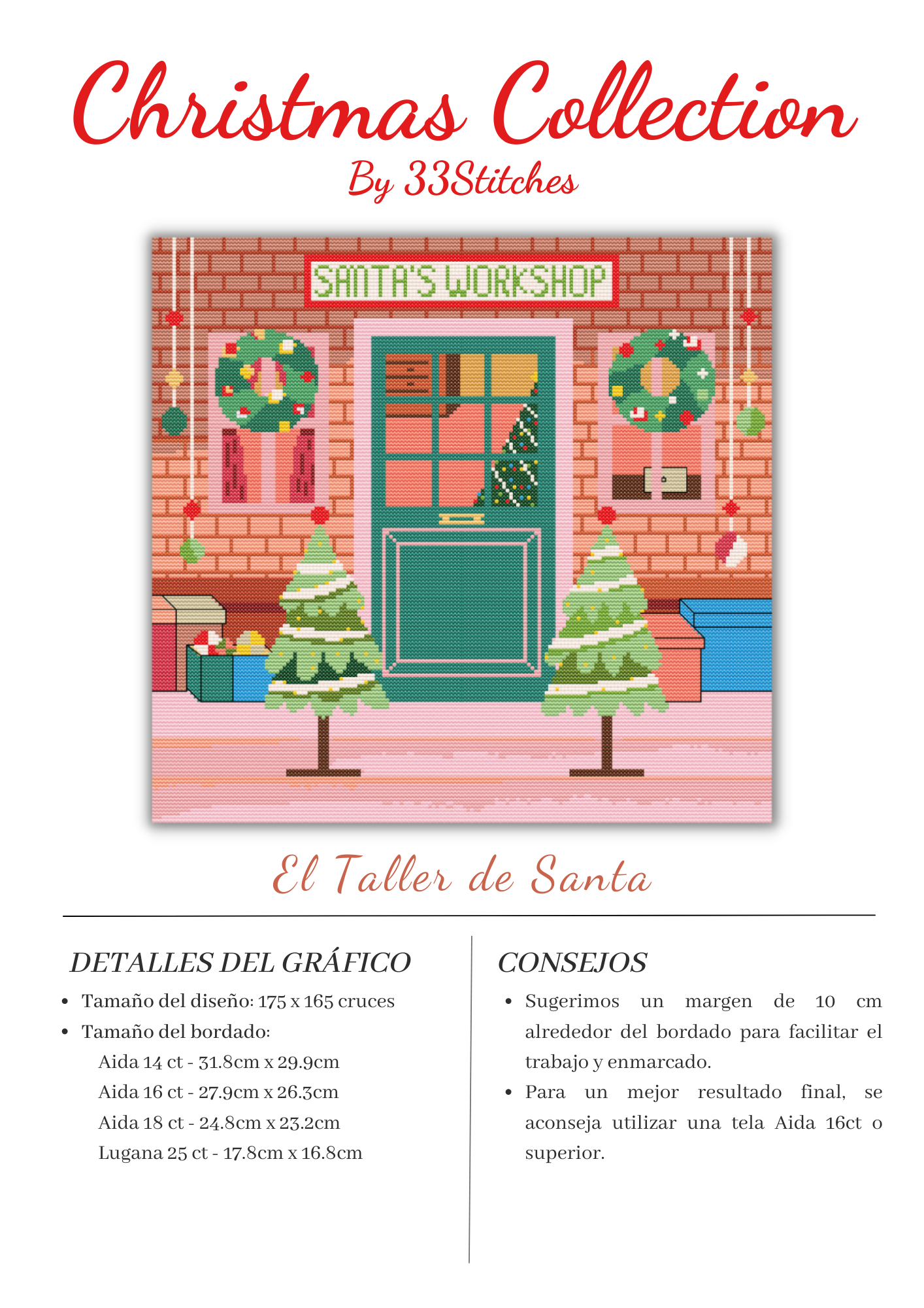 Información gráfico de punto de cruz 33Stitches taller de santa