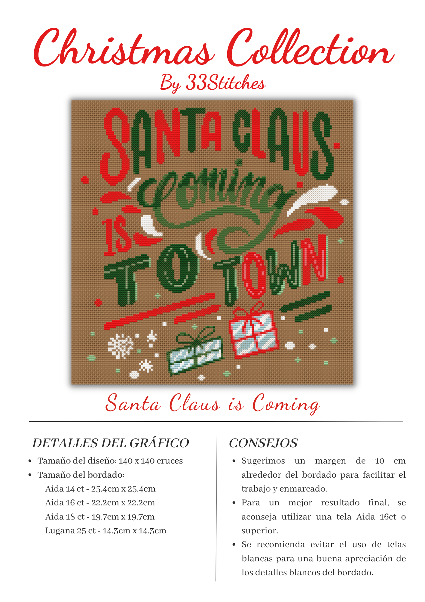 Bordado en punto de cruz frase santa claus is coming to town