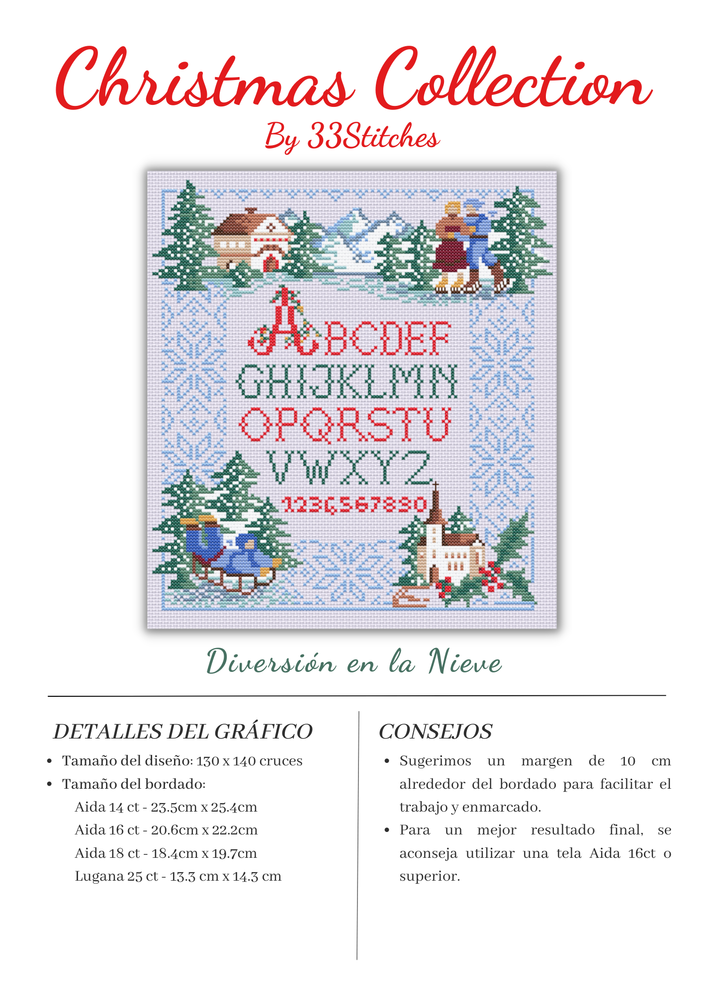 Información gráfico punto de cruz 33Stitches abecedario navideño