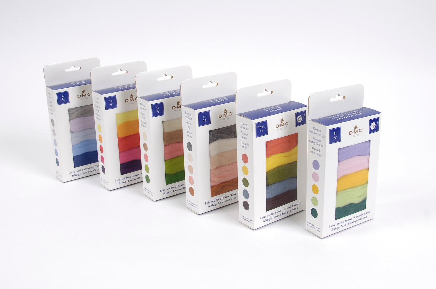 Set de lanas cardadas DMC de 25 g con 5 colores temáticos para fieltrado con aguja, manualidades creativas y proyectos de decoración artesanal.