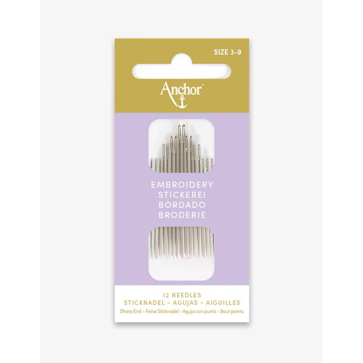 Blister de 12 agujas para bordar con punta anchor medidas de 3-9