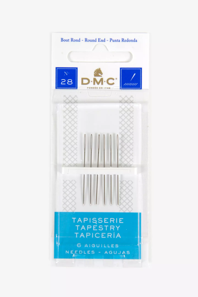 Pack de 6 agujas de tapicería DMC Nº28 con punta roma, perfectas para bordado y tejidos de trama abierta.