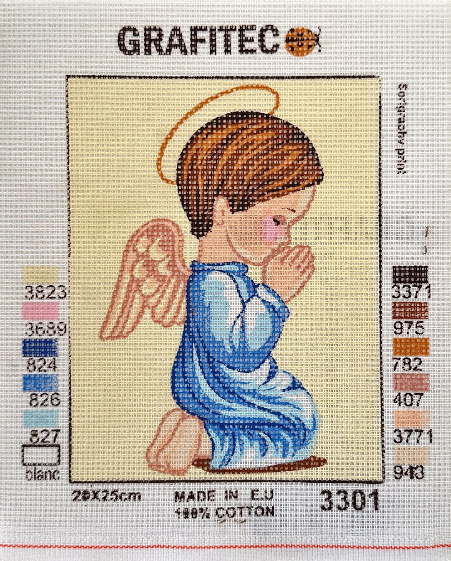 Cañamazo impreso para punto de cruz de un angelito rezando, diseño detallado y de alta calidad, ideal para bordado religioso.