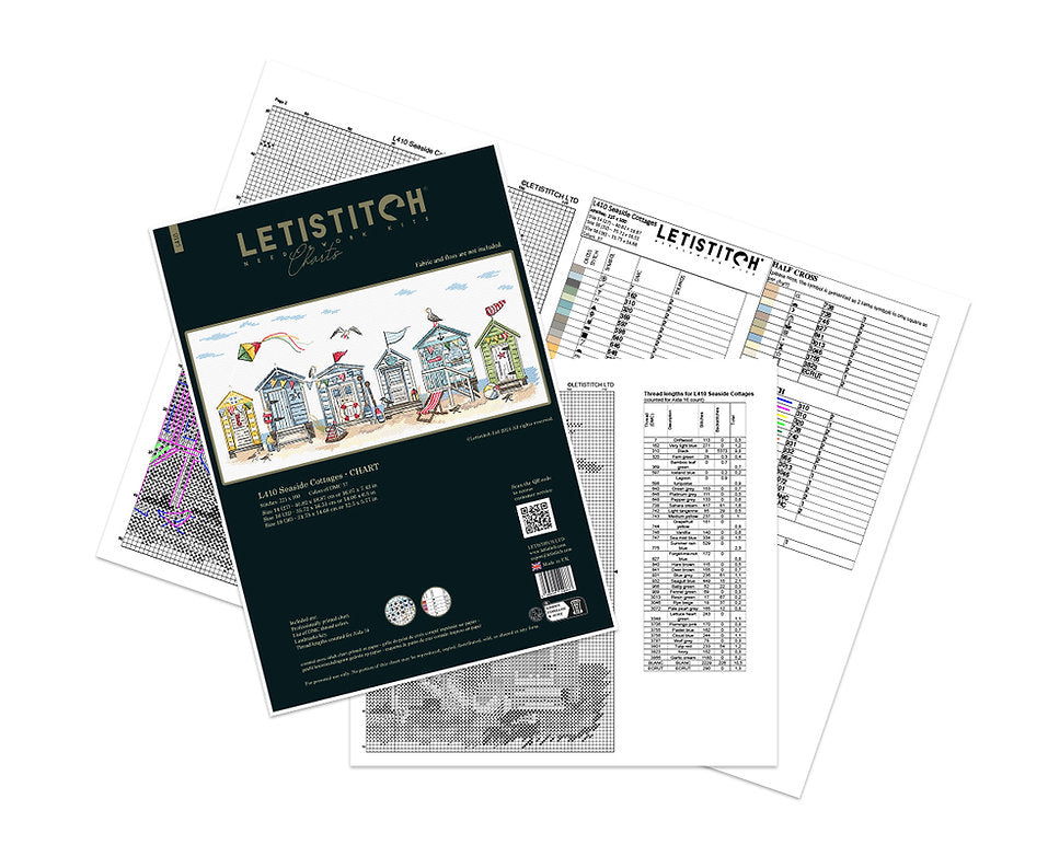 Gráfico de punto de cruz "Casas Rurales en la Costa" de Letistitch con diseño de casas junto al mar, incluye lista de colores DMC y medidas ajustables para tela Aida.