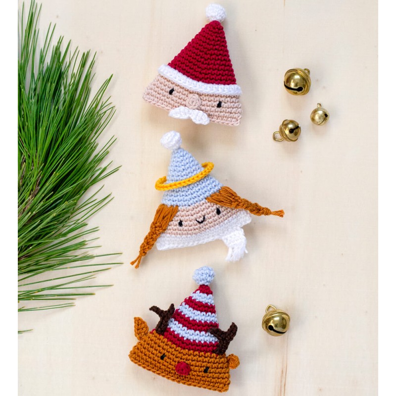 Kit de amigurumi Anchor Decoración de Navidad para tejer 3 adornos de ganchillo de 9 cm: Papá Noel, reno y ángel con hilo de algodón y patrón detallado