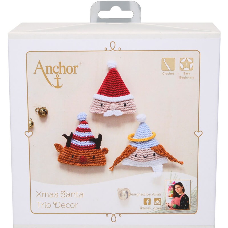 Kit de amigurumi Anchor Decoración de Navidad para tejer 3 adornos de ganchillo de 9 cm: Papá Noel, reno y ángel con hilo de algodón y patrón detallado