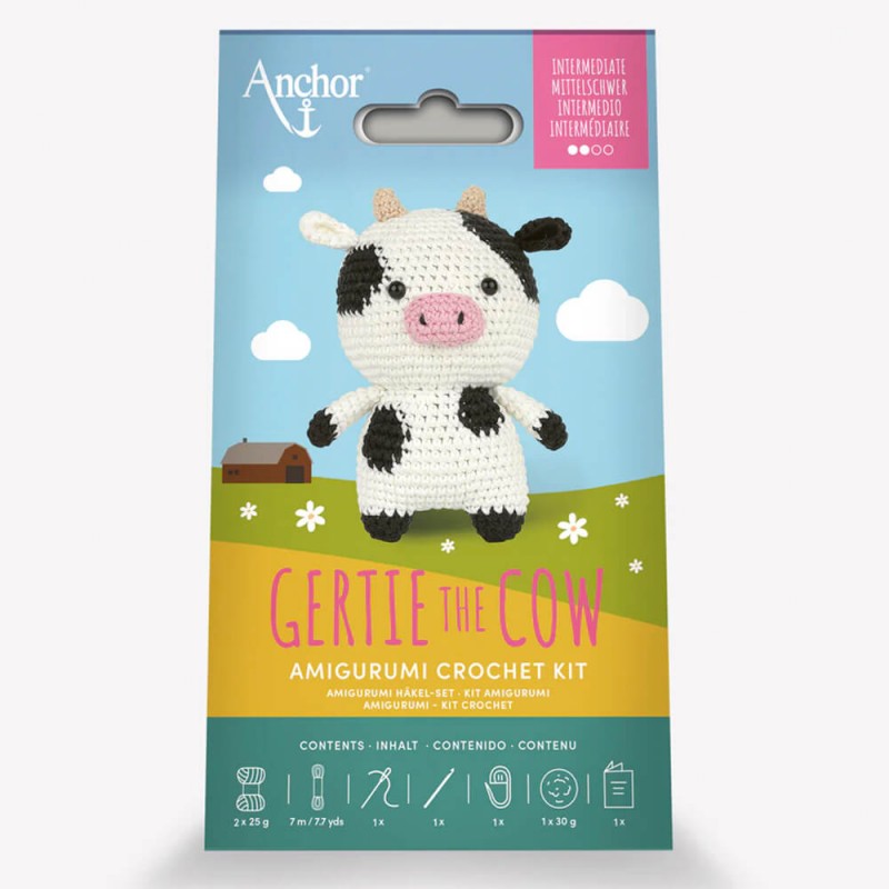Kit amigurumi Anchor Gertie The Cow para tejer una vaca de ganchillo de 12,5 cm con hilo de algodón, patrón paso a paso, ojos de seguridad y accesorios incluidos