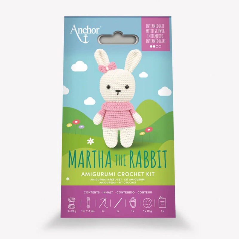 Kit amigurumi Anchor Martha the Rabbit para tejer conejita de ganchillo de 12,5 cm con hilo 100% algodón, patrón en 8 idiomas y accesorios incluidos