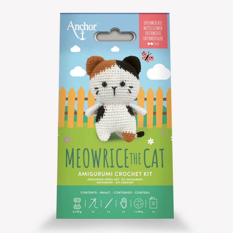 Kit amigurumi Anchor Meowrice the Cat para tejer gato de ganchillo de 12,5 cm con hilo algodón, patrón multilingüe, relleno y accesorios