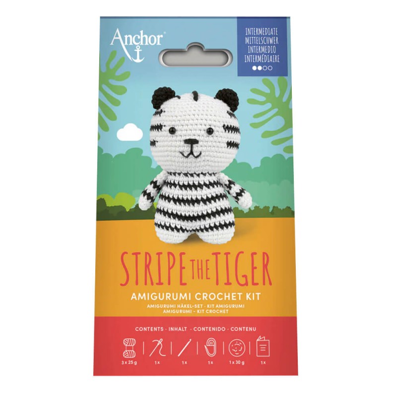 Kit amigurumi Anchor Stripe the Tiger para tejer tigre de ganchillo de 12,5 cm con hilo algodón, relleno y patrón para nivel intermedio