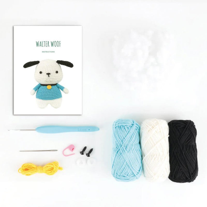 Kit amigurumi Anchor Walter Woof para tejer un perro de ganchillo de 12,5 cm con hilo 100% algodón, patrón paso a paso y accesorios incluidos