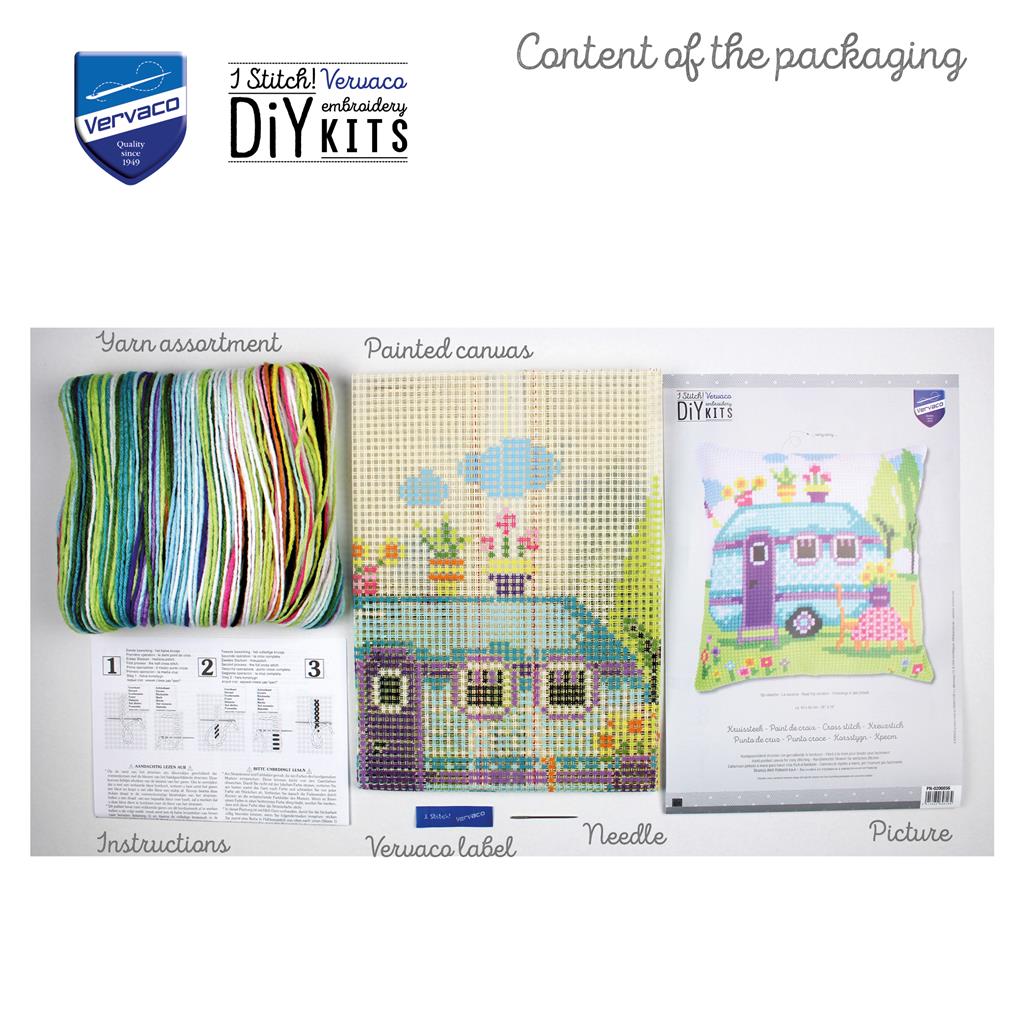 Kit para Bordar Cojín en Punto de Cruz "Vacaciones por Carretera" - Vervaco