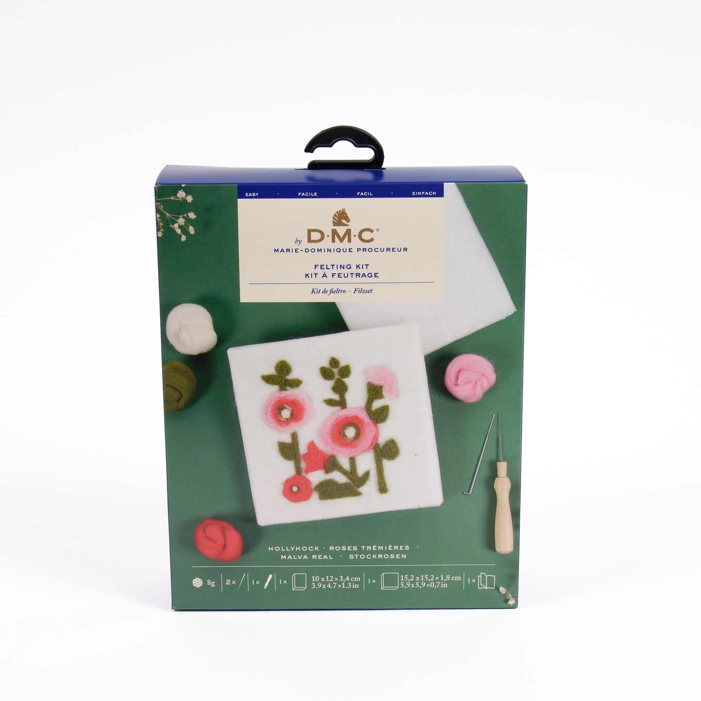 Kit de fieltrar DMC “Malva Real” con diseño floral de rosas en tonos rosados y verdes, incluye lana cardada, agujas, espuma y marco de madera con plantilla impresa.