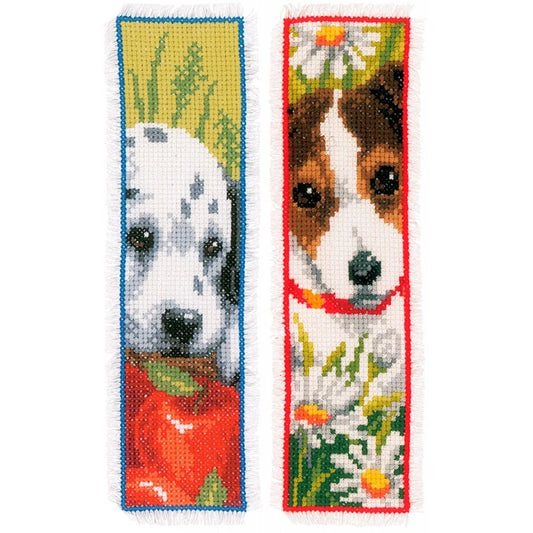 Kit de punto de cruz fácil Vervaco con 2 marcapáginas de perritos: dálmata y jack russell. Ideal para principiantes y regalo original para amantes de los perros.