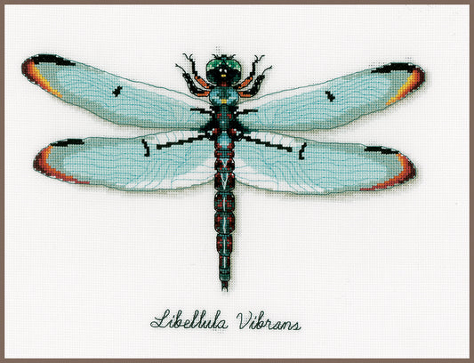 Kit de punto de cruz Vervaco "Libélula" con diseño de Libellula vibrans. Incluye tela Aida 18 ct, hilos DMC y patrón detallado