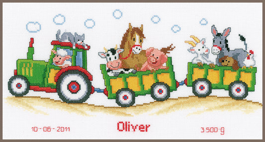 Kit de punto de cruz Vervaco "Tractor con Animales" con sampler de nacimiento personalizado. Incluye tela aida 14 ct, hilos DMC y todo lo necesario para iniciar el proyecto.