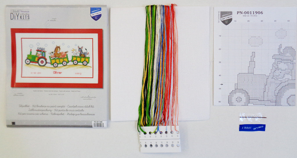 Kit de Punto de Cruz "Sampler de Nacimiento - Tractor con Animales" - Vervaco