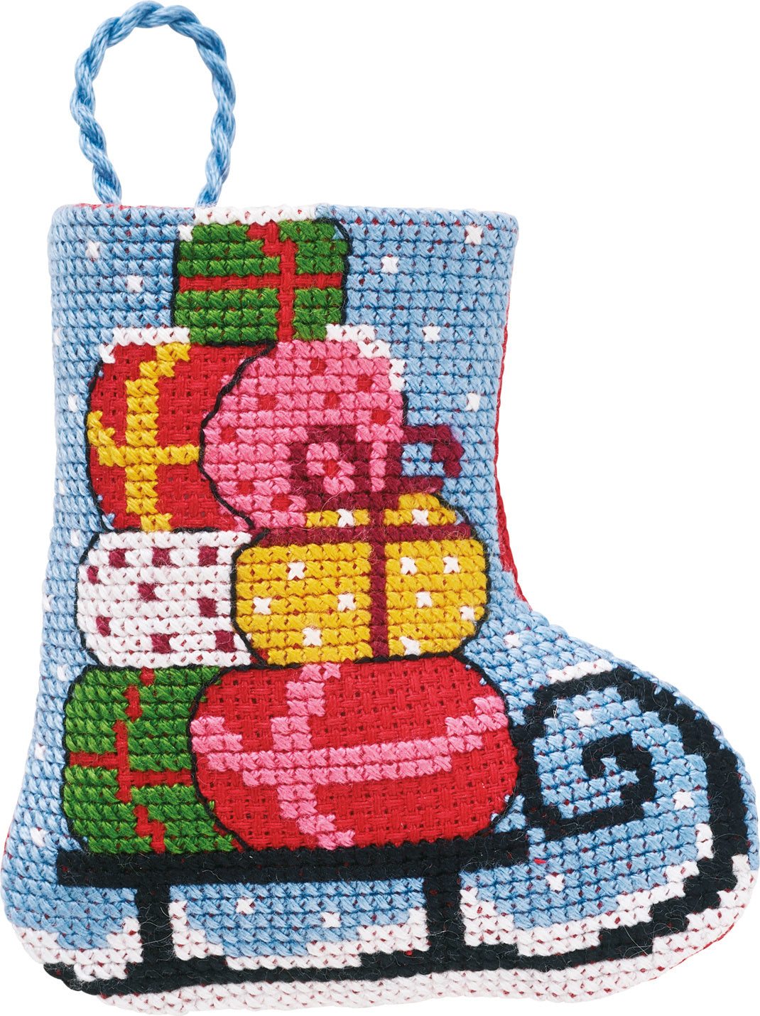 Kit de punto de cruz Permin Bota Navideña, trineo azul cargado de regalos de colores sobre fondo azul nevado