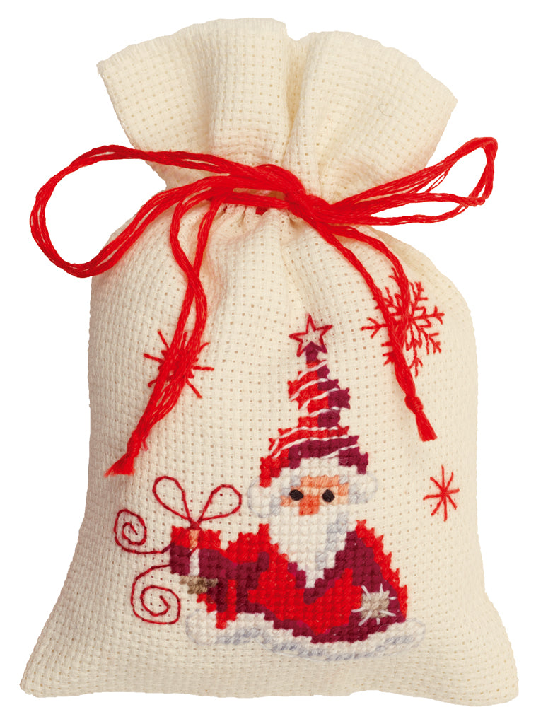 Kit punto de cruz bolsa regalo navideña con Papá Noel bordado en rojo sobre tela Aida – Vervaco PN-0144326
