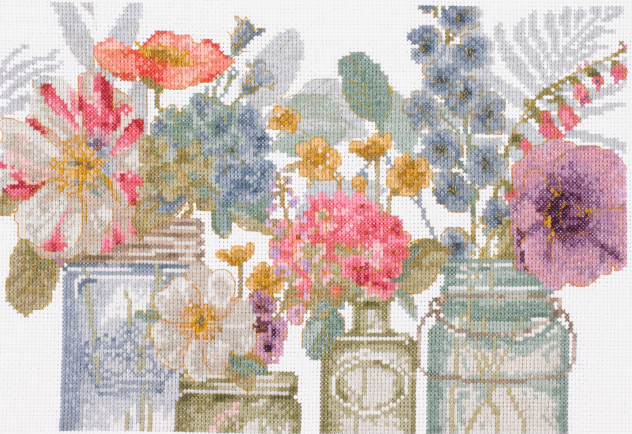 Kit de punto de cruz "Acuarela de Flores en Jarrones" de DMC, diseño de flores en jarrones con efecto de acuarela, perfecto para proyectos de bordado artístico y decoración.