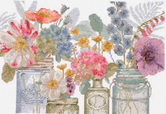 Kit de punto de cruz "Acuarela de Flores en Jarrones" de DMC, diseño de flores en jarrones con efecto de acuarela, perfecto para proyectos de bordado artístico y decoración.