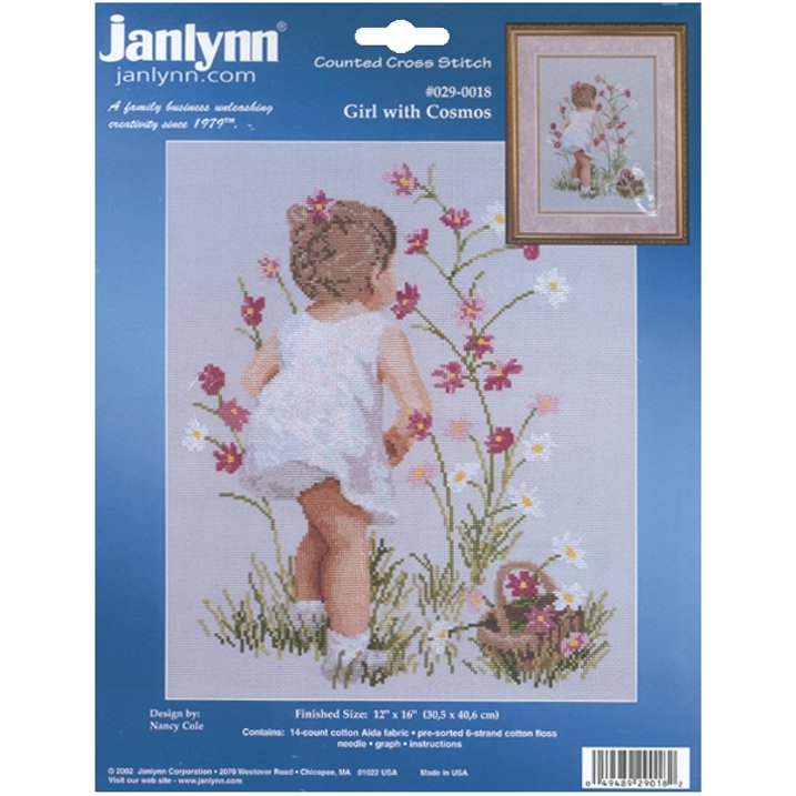 Kit de punto de cruz de Janlynn de una niña recolectando flores silvestres en el campo