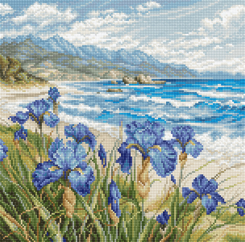 Kit de punto de cruz "Blue Harmony" Letistitch – Diseño costero con olas y flores azules para punto de cruz en tela Aida 16 ct con 56 hilos Luca-S