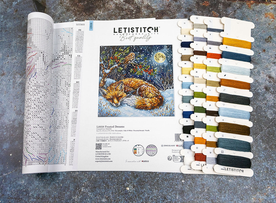 Kit de punto de cruz Letistitch “Frosted Dreams” con escena invernal detallada, 39 colores de hilo y tela Aida blanca 16ct de alta calidad.
