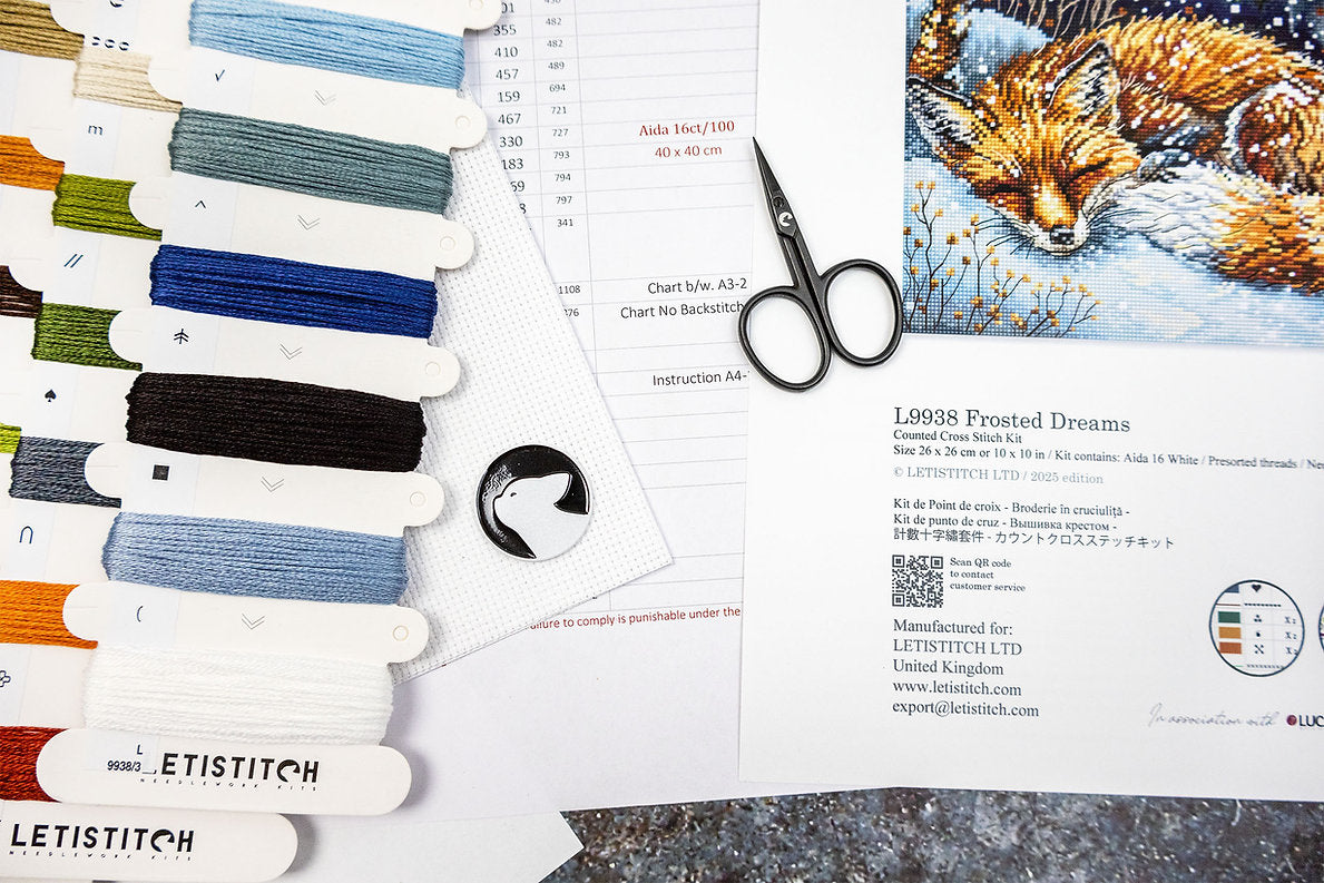 Kit de punto de cruz Letistitch “Frosted Dreams” con escena invernal detallada, 39 colores de hilo y tela Aida blanca 16ct de alta calidad.