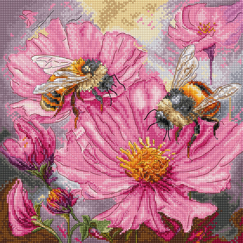 Kit de bordado "Honey Blooms" Letistitch - Diseño de abejas en flores rosadas para punto de cruz en tela Aida 16 ct con 48 hilos Luca-S