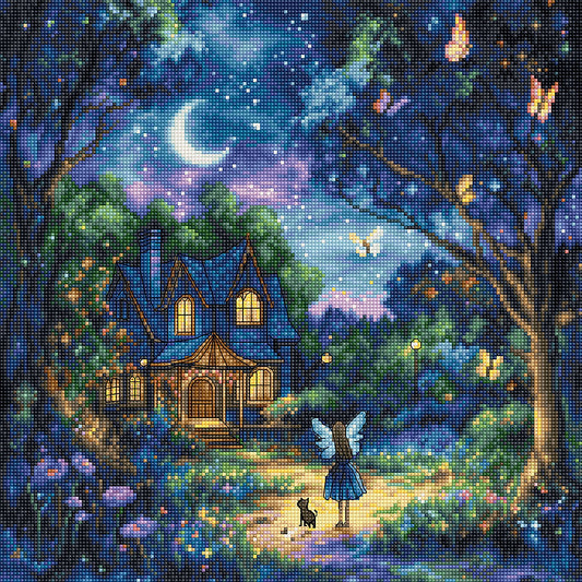 Kit de punto de cruz Letistitch “Luna’s Garden” con hada y perrito en bosque nocturno, luciérnagas y casa de cuento. Incluye tela Aida, hilos y aguja.