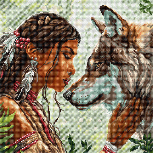 Kit de punto de cruz Letistitch “Ligado al Alma” con mujer indio americana de perfil y lobo gris. Incluye tela Aida, hilos y aguja.