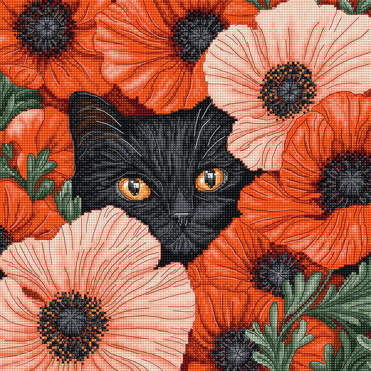 Kit de punto de cruz Letistitch “Ojos de Amapola” con retrato de gato negro y amapolas naranjas. Incluye tela Aida, hilos de algodón y aguja.