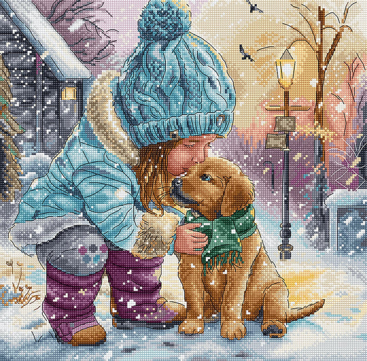 Kit de bordado "Mejores Amigos" Letistitch – Diseño invernal de niña besando a su golden retriever, para punto de cruz en tela Aida 16 ct con 53 hilos Luca-S