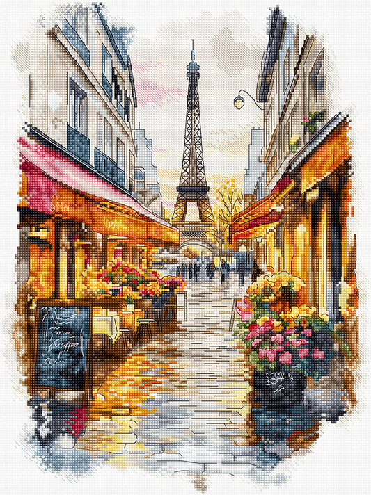 Kit de bordado "París" Letistitch – Diseño de calle parisina con restaurantes y Torre Eiffel, para punto de cruz en tela Aida 16 ct con 55 hilos Luca-S