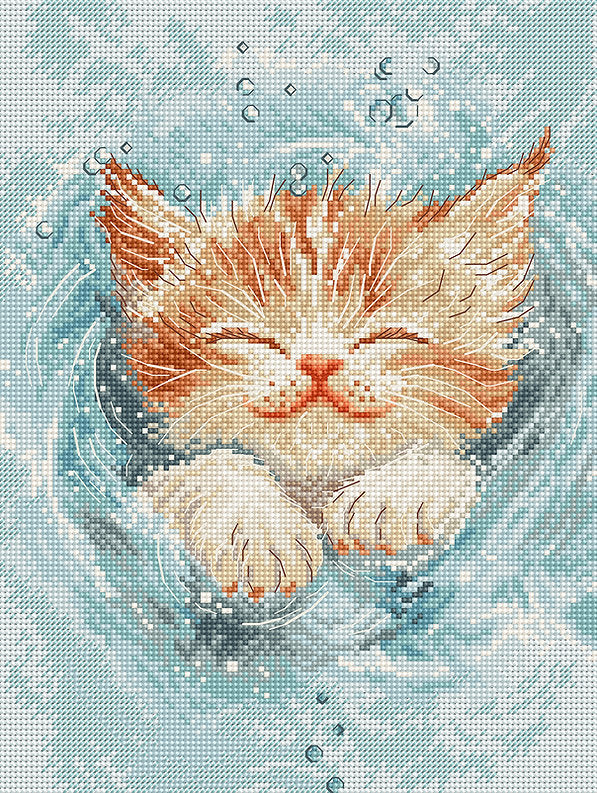 Kit de punto de cruz "Splashing Playtime" Letistitch - Diseño de gatito flotando en agua para punto de cruz en tela Aida 16 ct con 24 hilos Luca-S