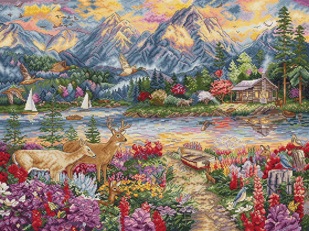 Kit de punto de cruz Letistitch “Spring Mountain Majesty” con paisaje montañoso primaveral, 63 colores de hilo y tela blanca Aida 16ct de alta calidad.